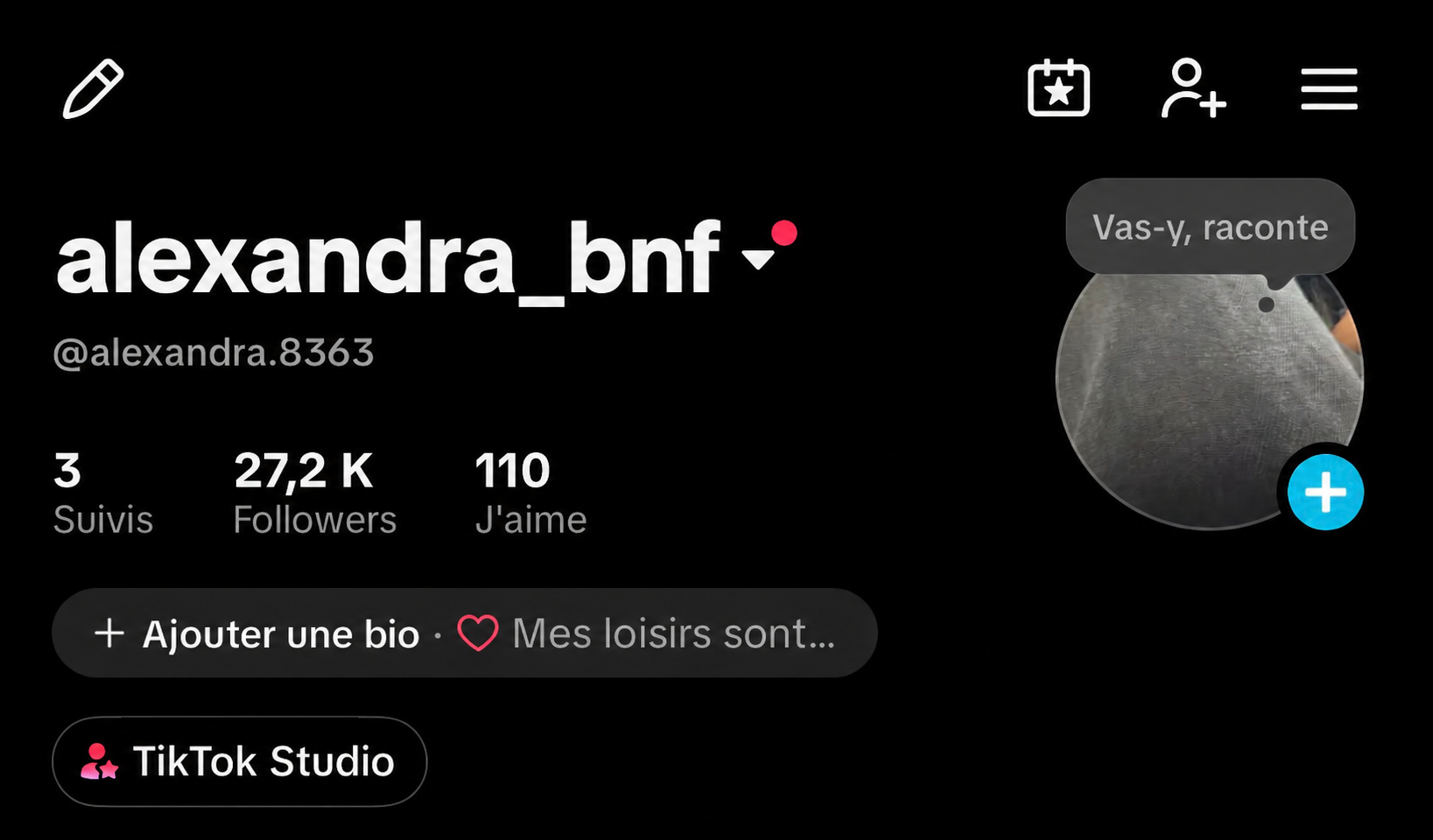 Capture d’exemple d’un profil TikTok affichant 27,2 K abonnés