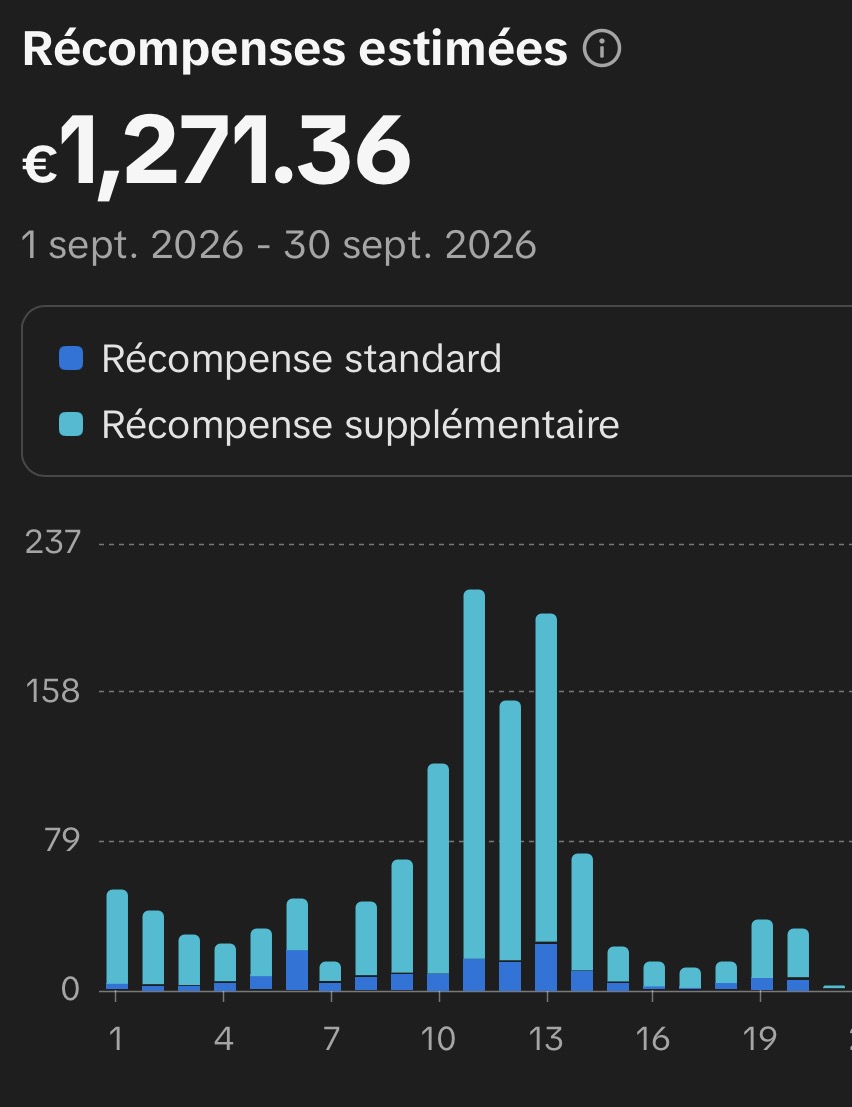 Capture d’exemple du tableau de bord TikTok distinguant récompense standard et récompense supplémentaire